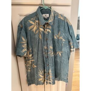 Island Shores XXL Teal Blue Floral Palm Tree Print Button Up Hawaiian Shirt‎